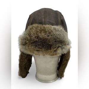 Crown Cap Brown leather aviator hat with rabbit fur trim.